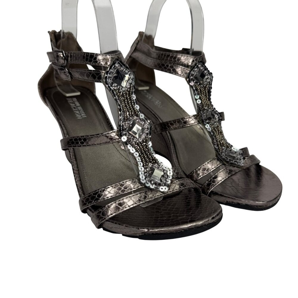 Y2K Kenneth Cole Reaction Bronze Faux Snake Skin Wedge Sequence Sandals Size 7.5